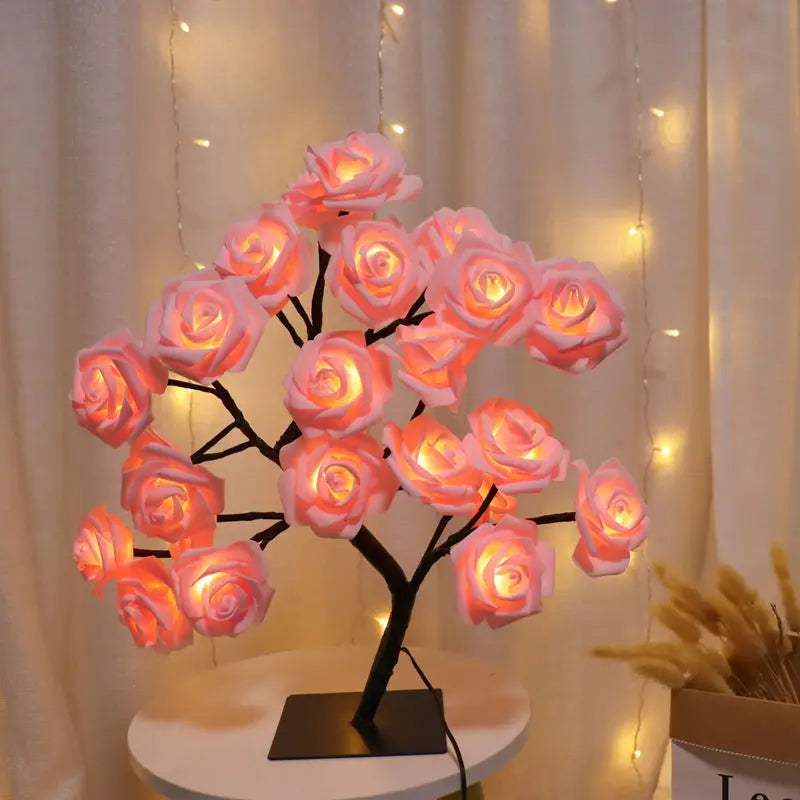 Lampe de chevet Arbre de Roses LED – 24 Lumières Féeriques USB