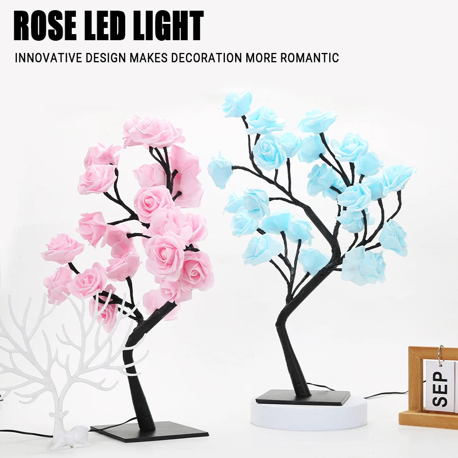 Lampe de chevet Arbre de Roses LED – 24 Lumières Féeriques USB