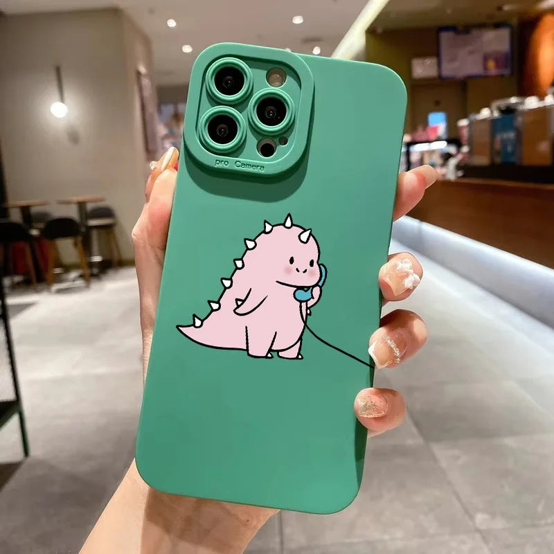 Coque iPhone Dinosaure Vert Cartoon – Couple Mignon & Drôle