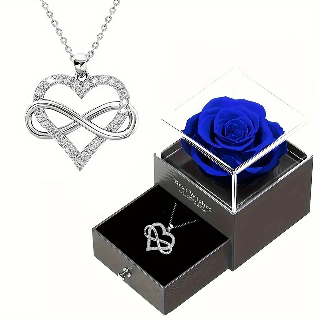 Coffret Rose Éternelle avec Collier Cœur Infini – Cadeau Romantique