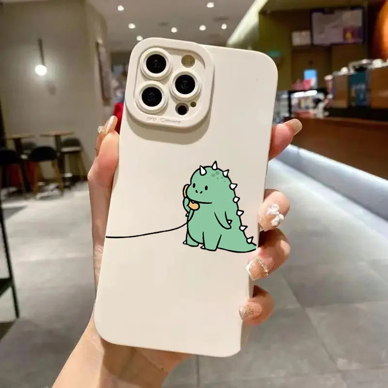 Coque iPhone Dinosaure Vert Cartoon – Couple Mignon & Drôle