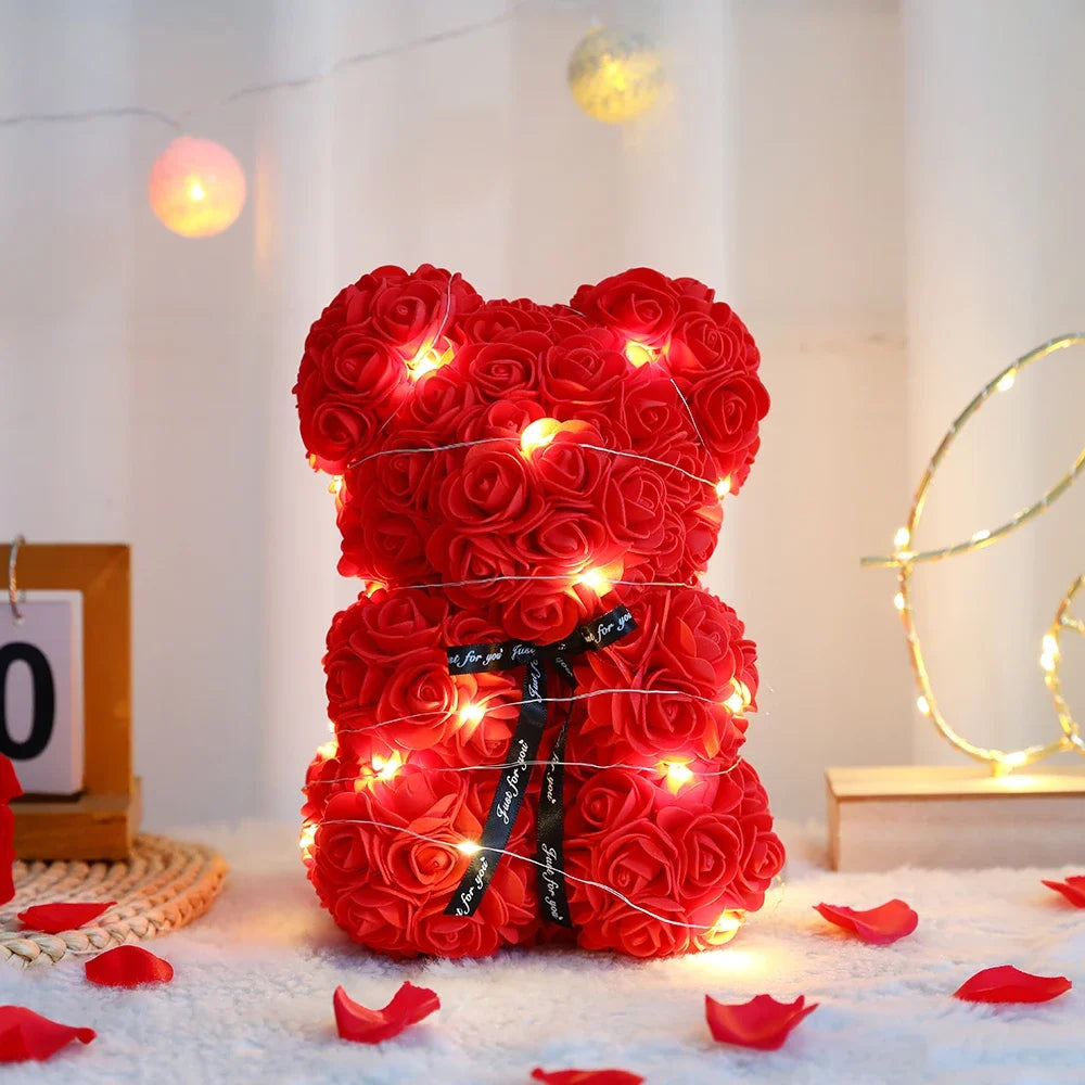 Ours en Roses Éternelles éclairant 25 cm – Cadeau Romantique d’Amour avec Boîte