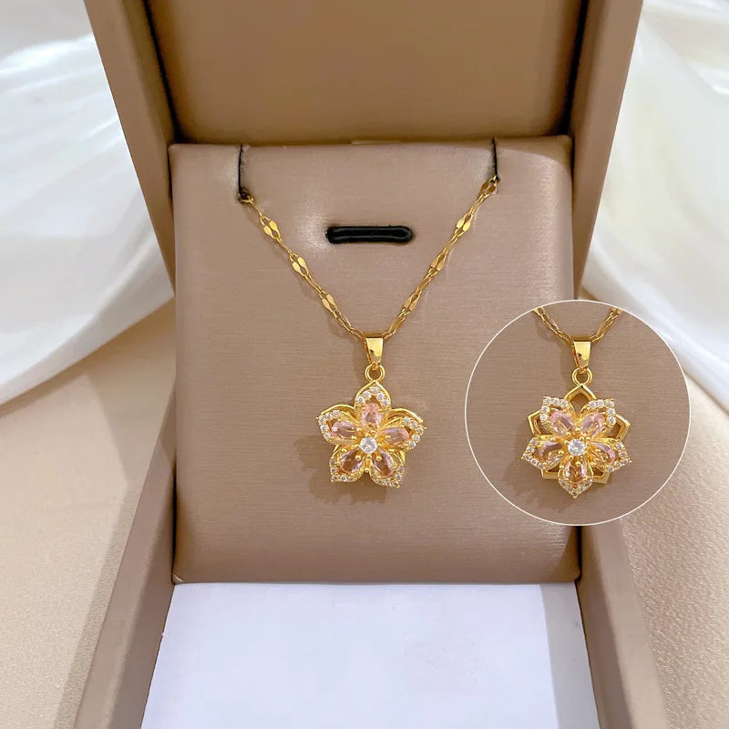 Collier Fleur Rose Rotatif – Cadeau Saint-Valentin Romantique et Anti-Stress pour Femme