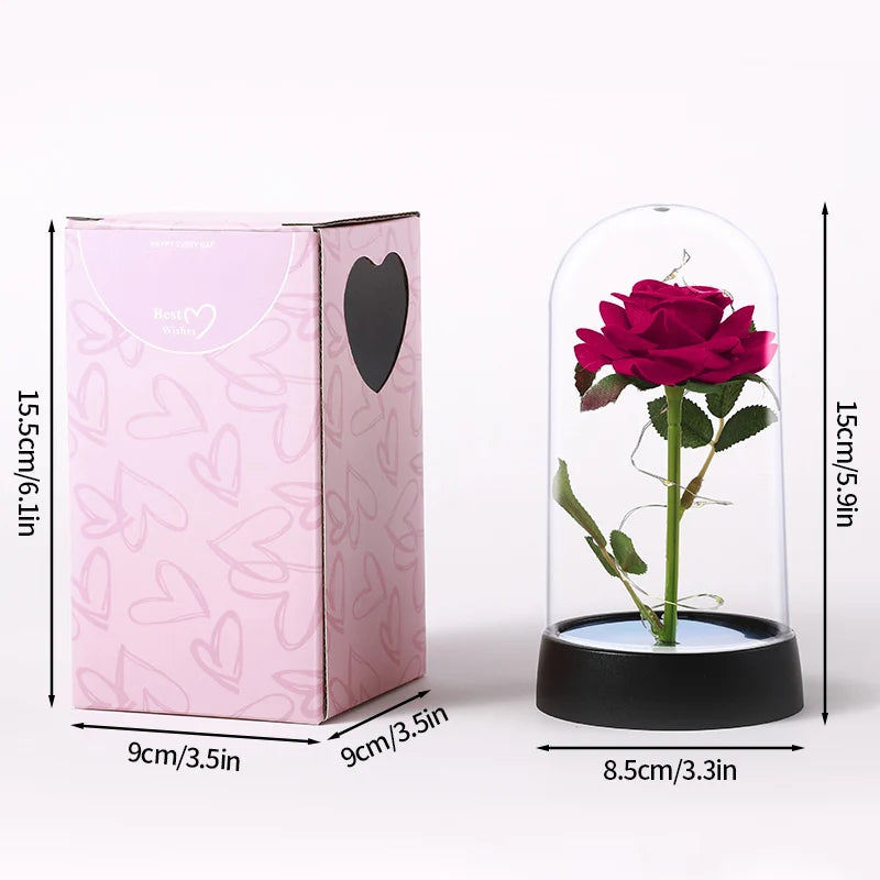 Rose Éternelle Artificielle sous Cloche en Verre avec Lumière LED