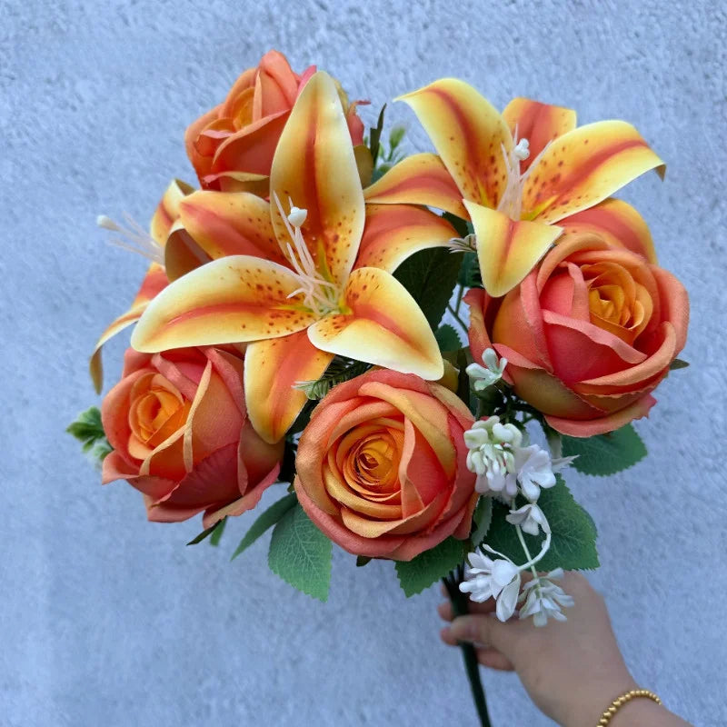 Bouquet Printanier Mélangé – 9 Tiges de Roses et Lys