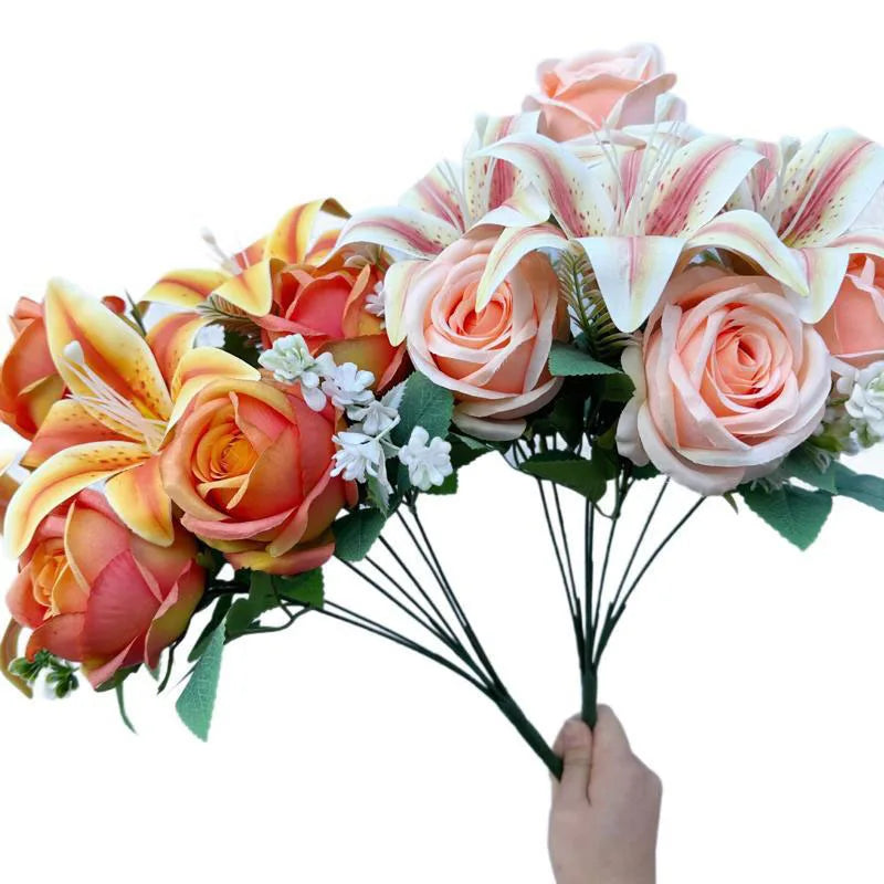 Bouquet Printanier Mélangé – 9 Tiges de Roses et Lys