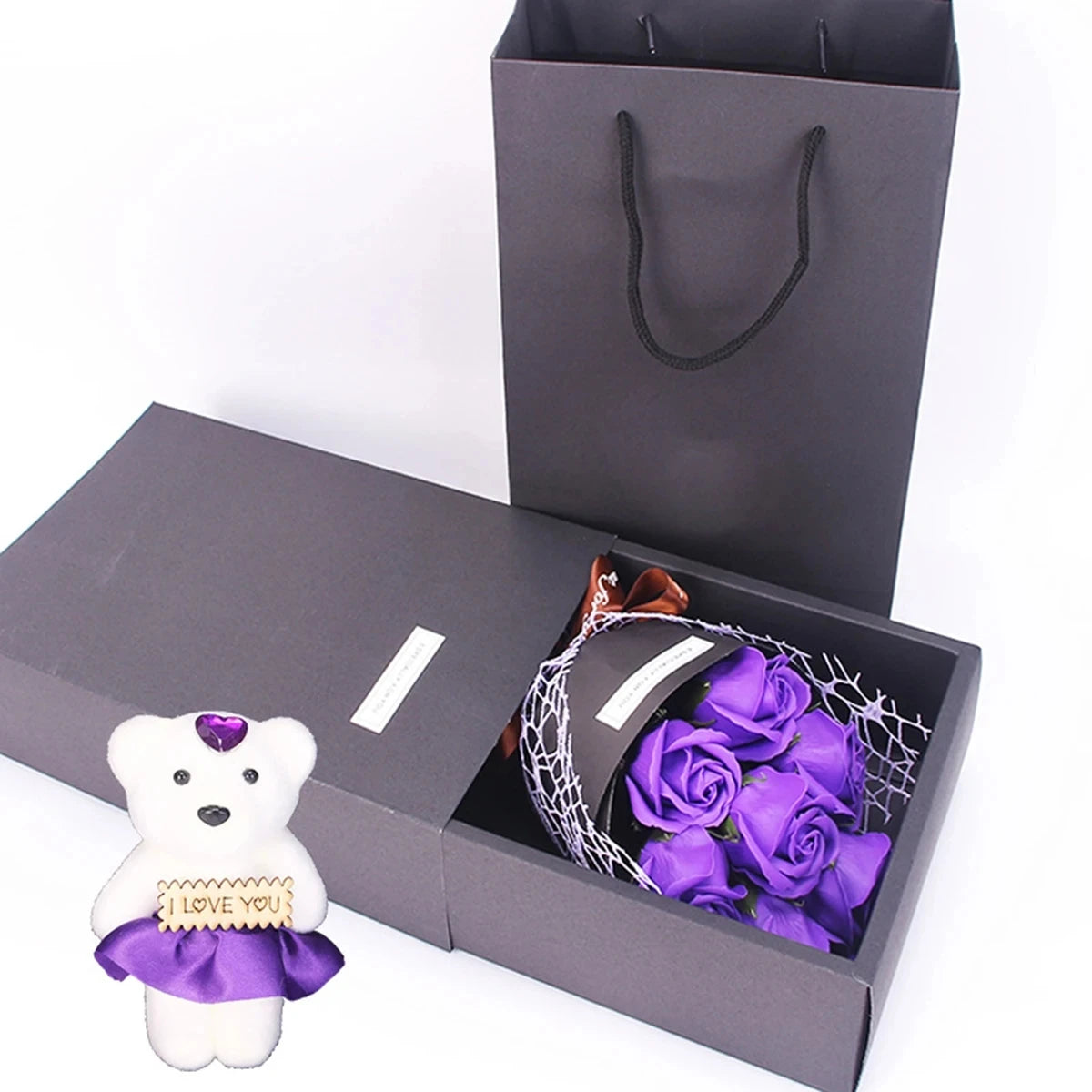 Bouquet de 7 Roses en Savon Fait Main avec Ourson – Coffret Cadeau Romantique | Saint-Valentin