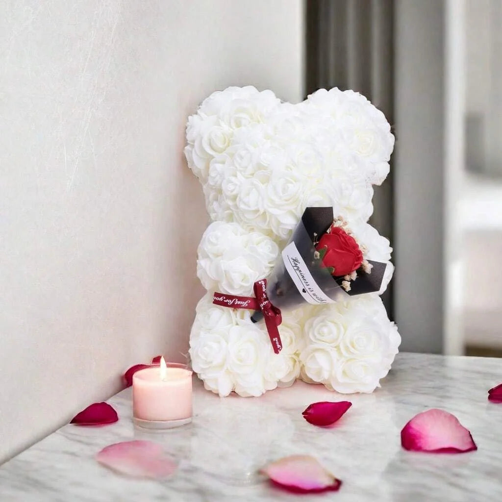 Ours en Roses de Mousse avec Bouquet – Cadeau Saint-Valentin Romantique & Inoubliable