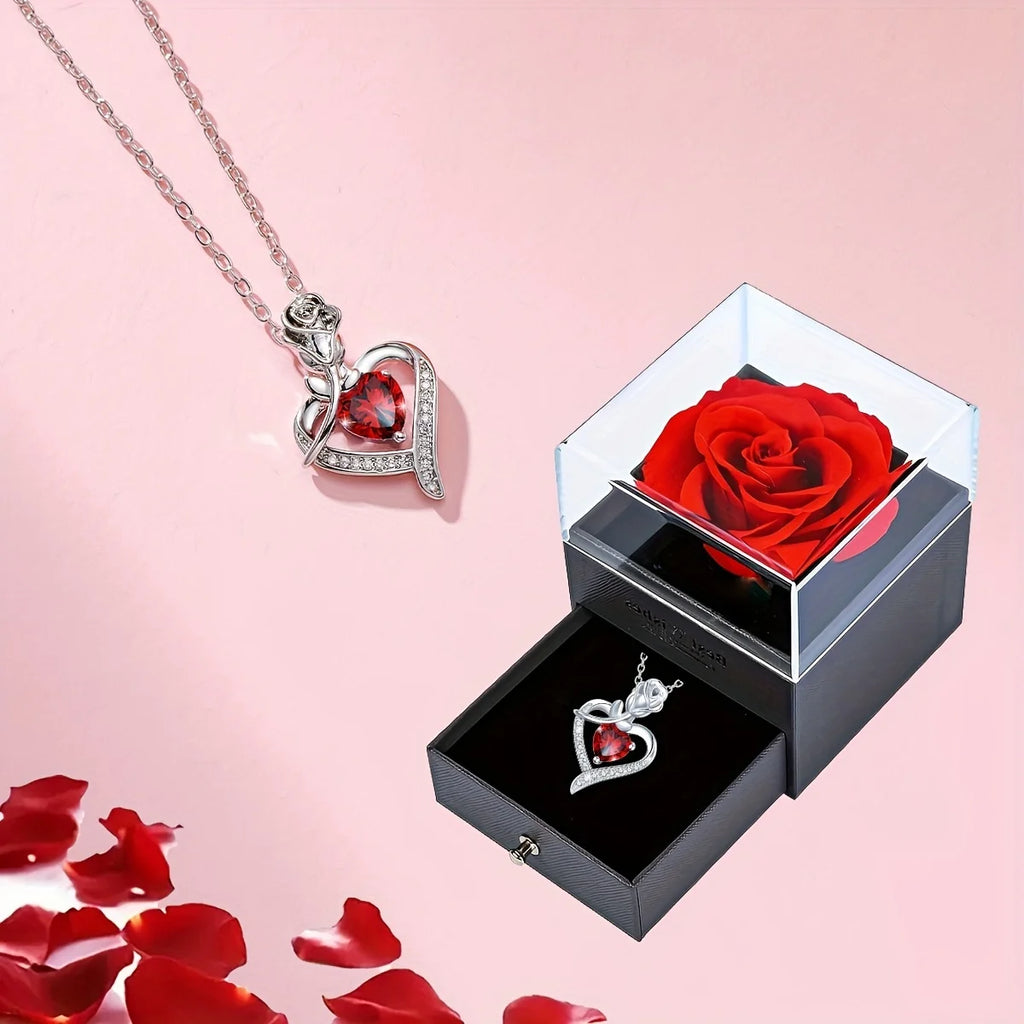 Collier Luxe Cœur en Zircon Rouge avec Fleur et Coffret – Cadeau Saint-Valentin