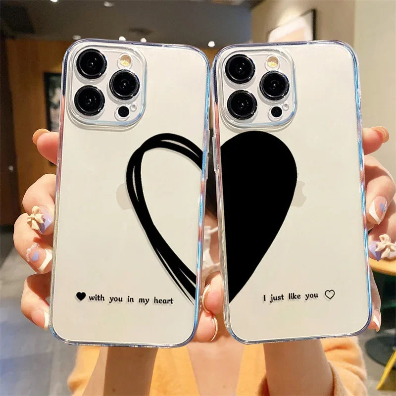 Coque Téléphone Couple Cœur Noir – Coque Transparente Amour pour iPhone
