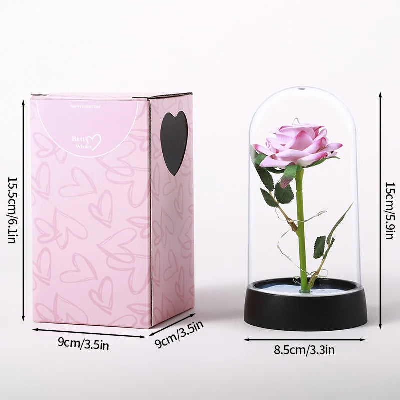 Rose Éternelle Artificielle sous Cloche en Verre avec Lumière LED