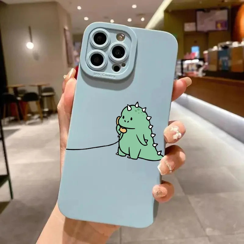 Coque iPhone Dinosaure Vert Cartoon – Couple Mignon & Drôle