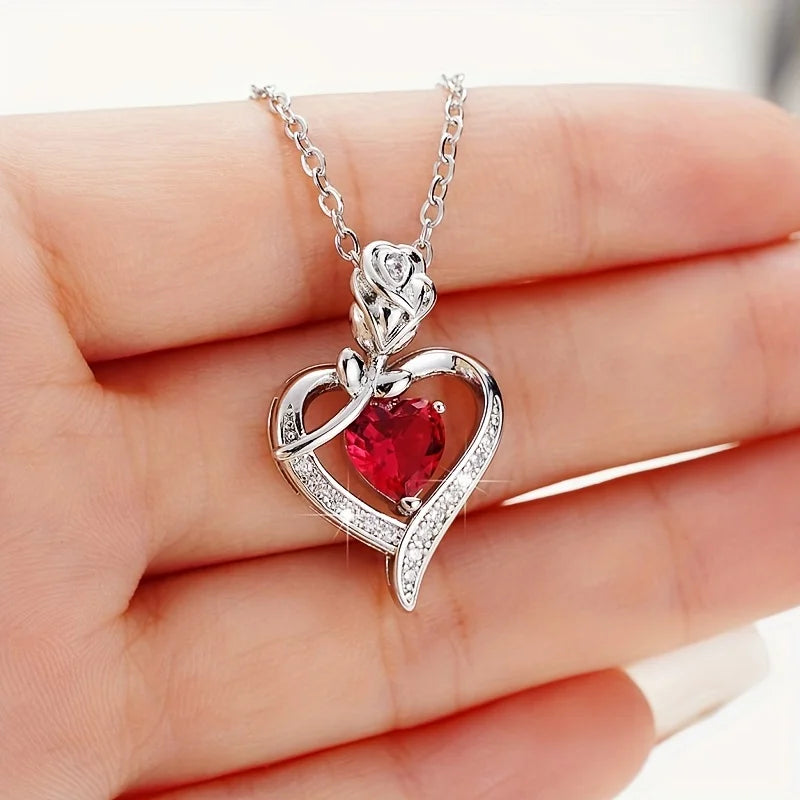 Collier Luxe Cœur en Zircon Rouge avec Fleur et Coffret – Cadeau Saint-Valentin