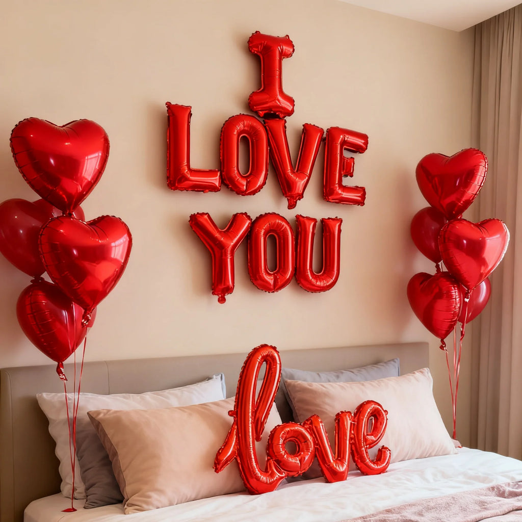 Set de Ballons “I LOVE YOU” – Cœur en Aluminium & Pétales Rouges