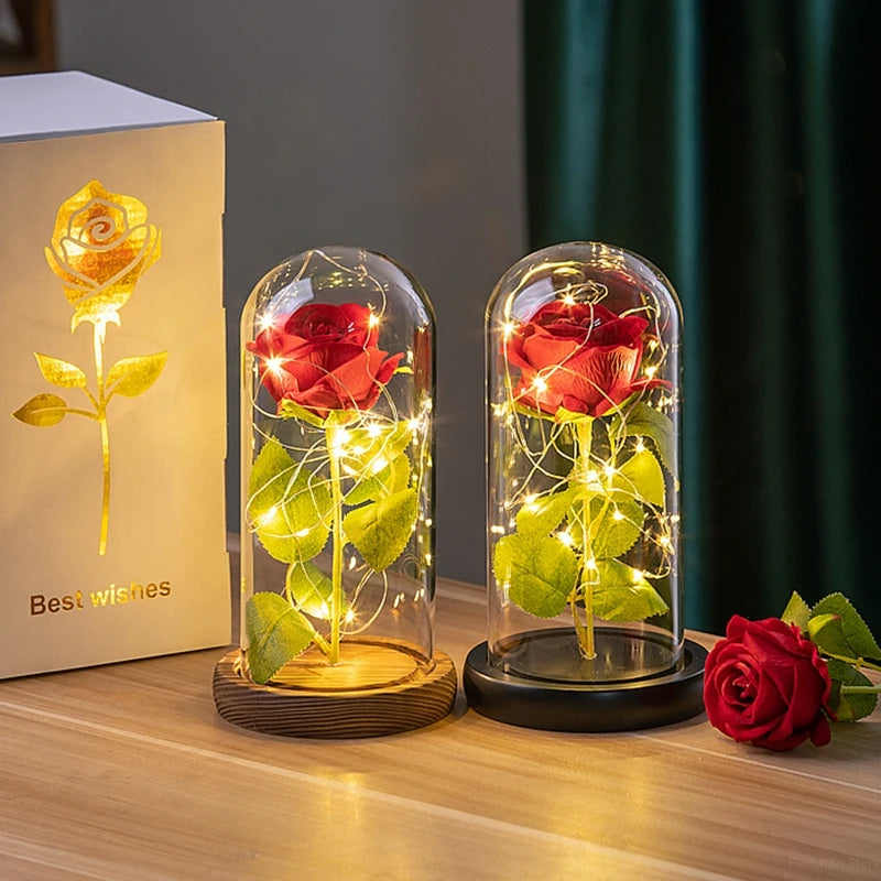 Rose Éternelle Artificielle sous Cloche en Verre avec Lumière LED