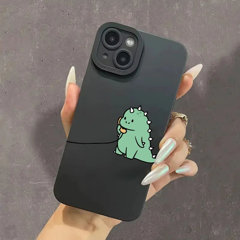 Coque iPhone Dinosaure Vert Cartoon – Couple Mignon & Drôle