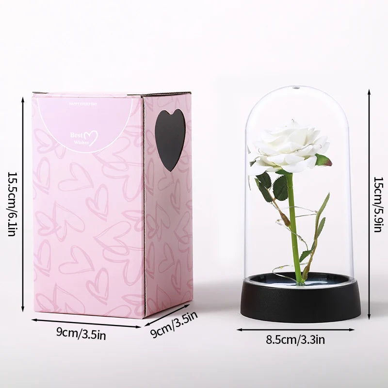 Rose Éternelle Artificielle sous Cloche en Verre avec Lumière LED