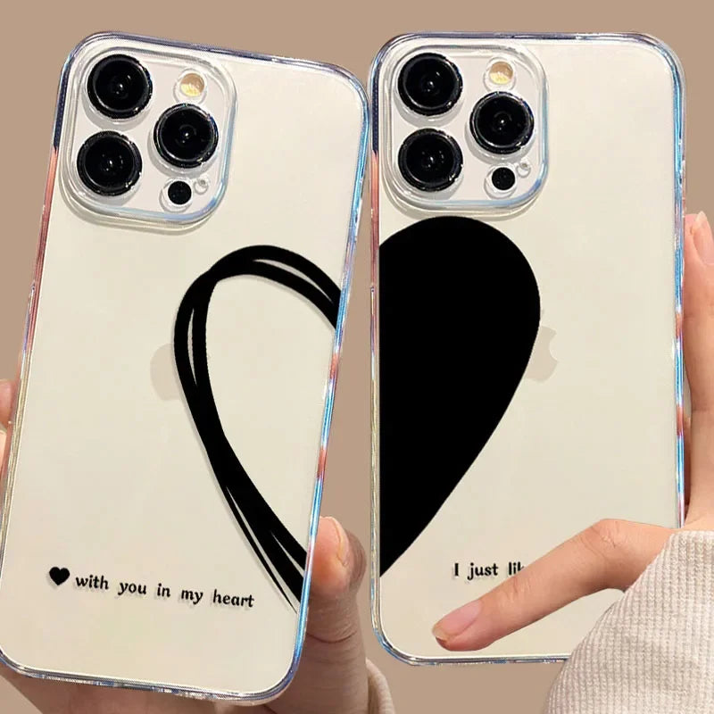 Coque Téléphone Couple Cœur Noir – Coque Transparente Amour pour iPhone