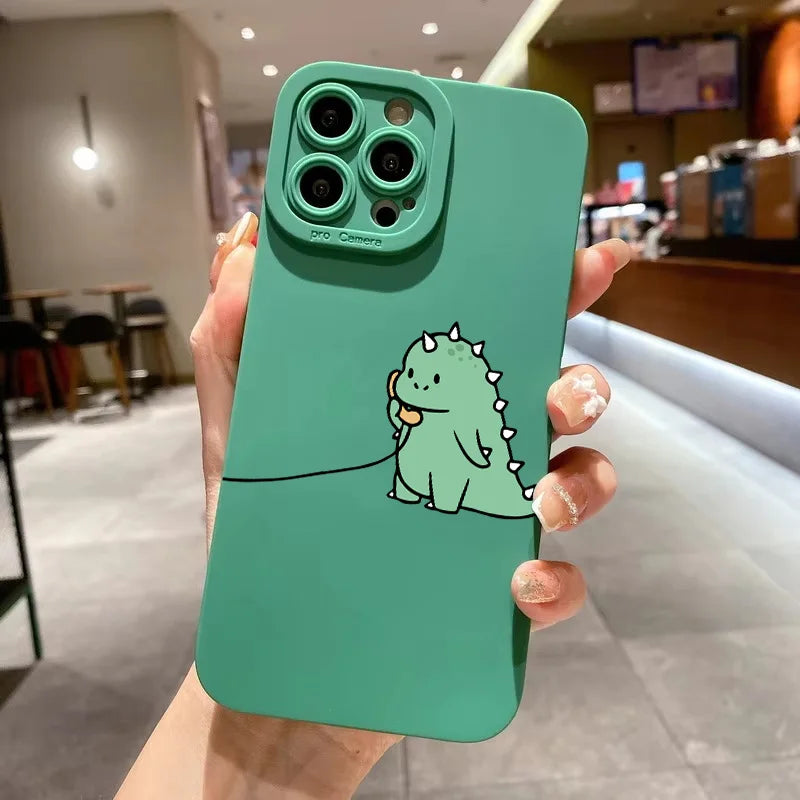Coque iPhone Dinosaure Vert Cartoon – Couple Mignon & Drôle