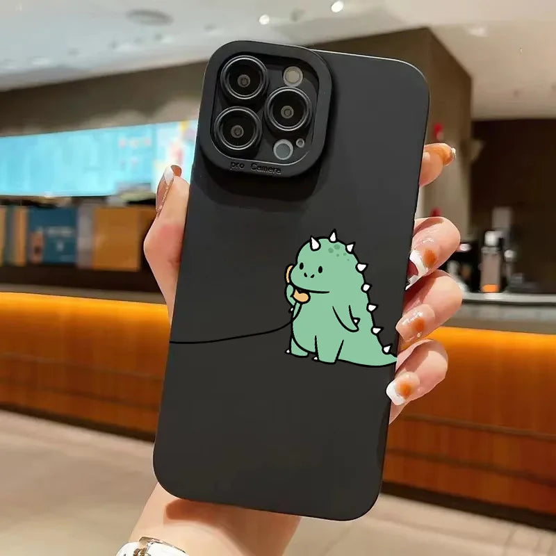 Coque iPhone Dinosaure Vert Cartoon – Couple Mignon & Drôle