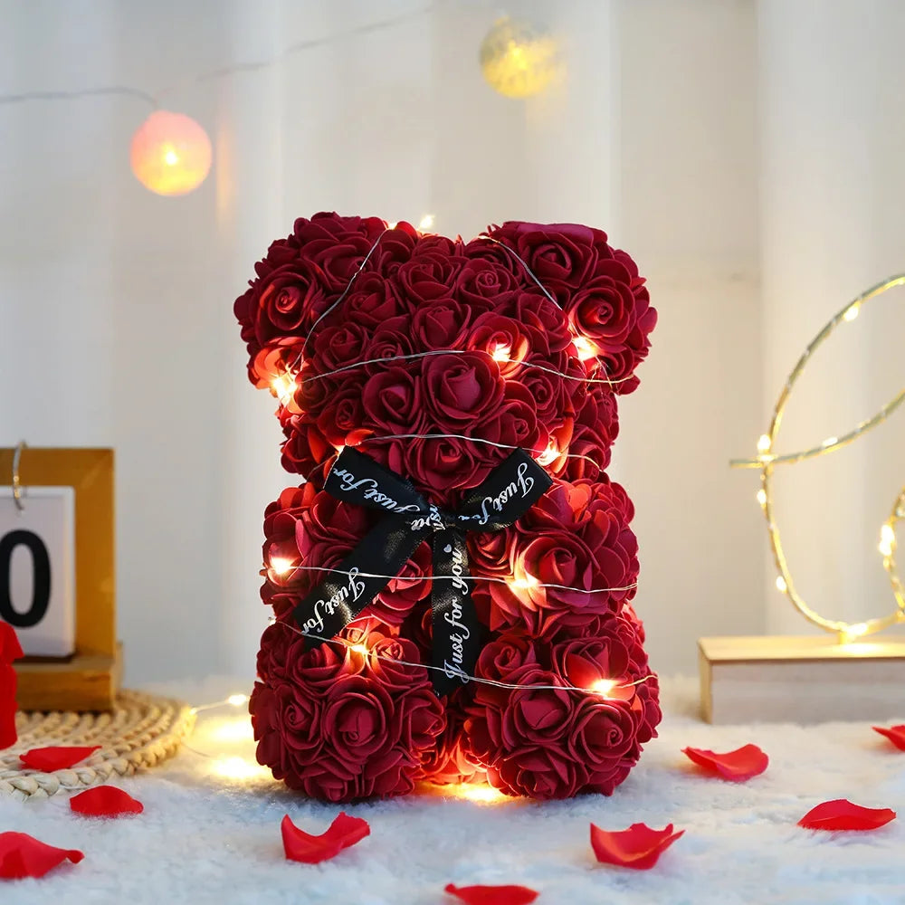 Ours en Roses Éternelles éclairant 25 cm – Cadeau Romantique d’Amour avec Boîte