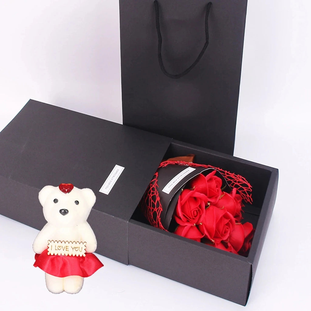 Bouquet de 7 Roses en Savon Fait Main avec Ourson – Coffret Cadeau Romantique | Saint-Valentin