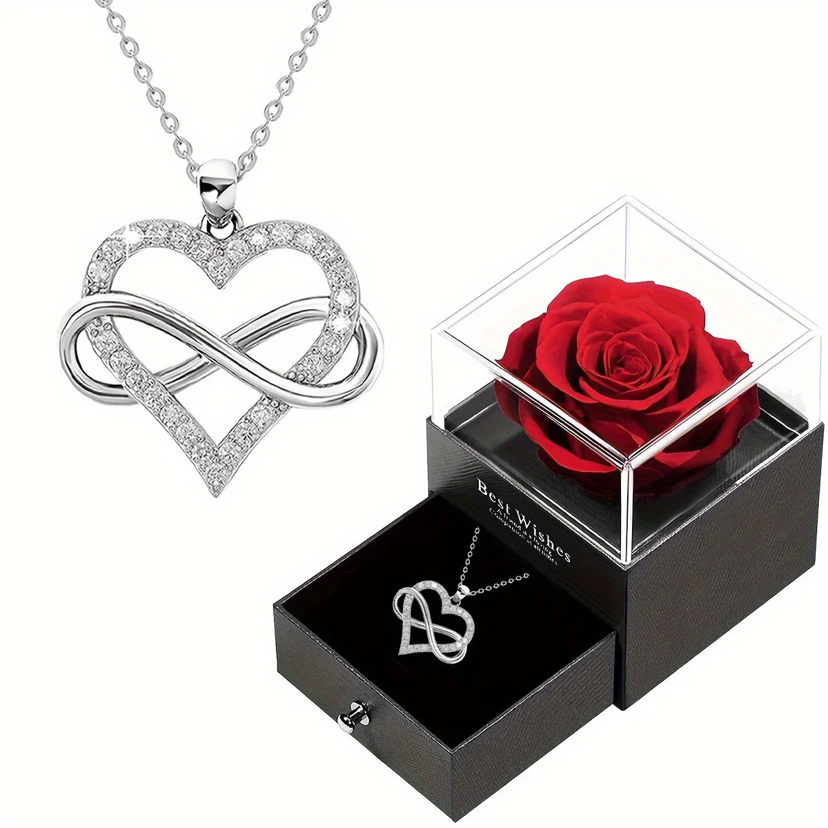 Coffret Rose Éternelle avec Collier Cœur Infini – Cadeau Romantique