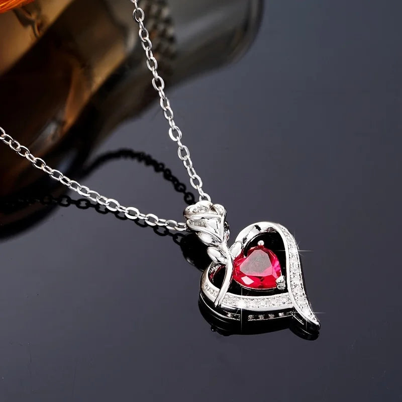Collier Luxe Cœur en Zircon Rouge avec Fleur et Coffret – Cadeau Saint-Valentin