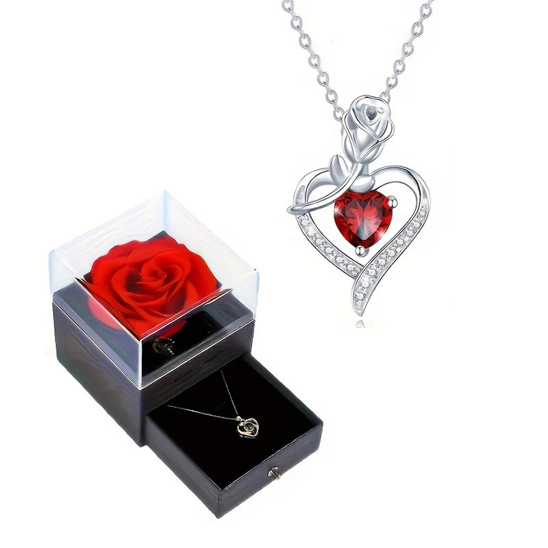 Collier Luxe Cœur en Zircon Rouge avec Fleur et Coffret – Cadeau Saint-Valentin