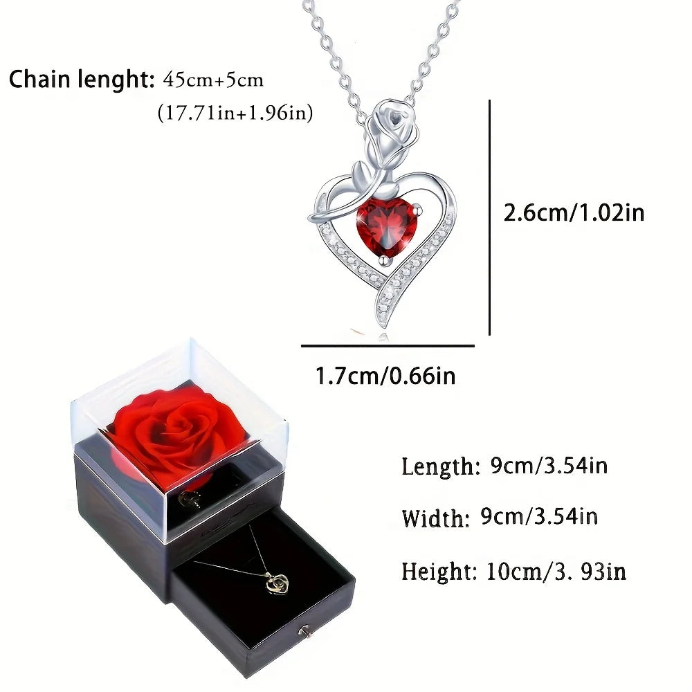 Collier Luxe Cœur en Zircon Rouge avec Fleur et Coffret – Cadeau Saint-Valentin