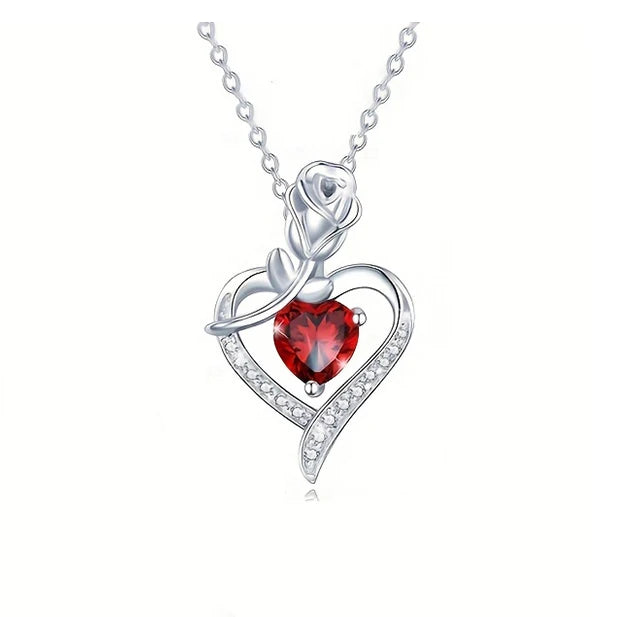 Collier Luxe Cœur en Zircon Rouge avec Fleur et Coffret – Cadeau Saint-Valentin