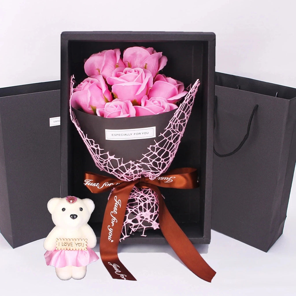 Bouquet de 7 Roses en Savon Fait Main avec Ourson – Coffret Cadeau Romantique | Saint-Valentin