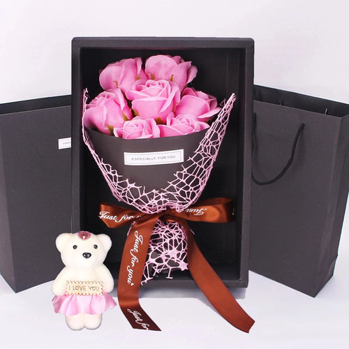 Bouquet de 7 Roses en Savon Fait Main avec Ourson – Coffret Cadeau Romantique | Saint-Valentin